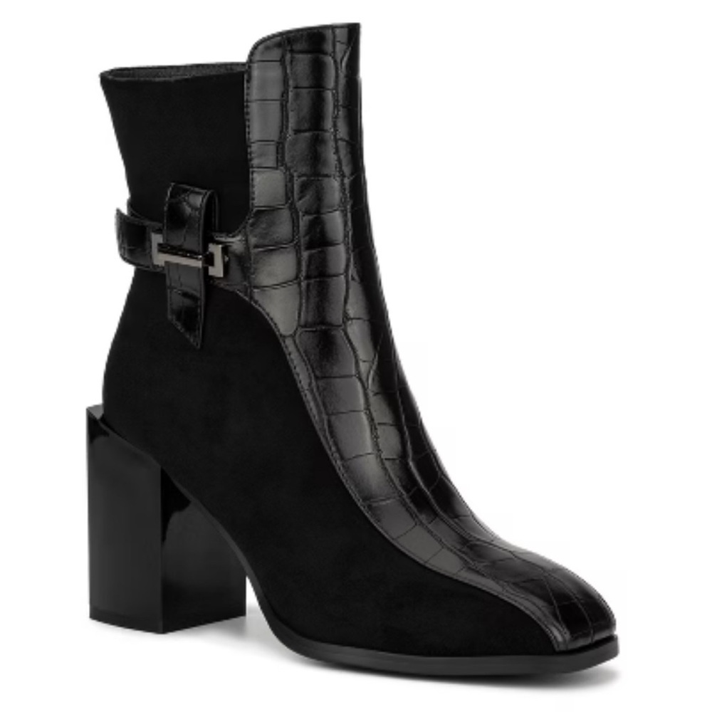 Torgeis Fontaine Black Croc-Embossed Block Heel Ankle Boots w/ Buckle Size 8 - Picture 2 of 13